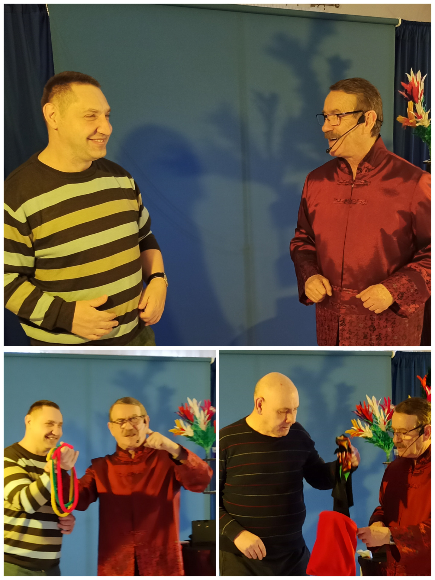 Kolaż złożony z trzech zdjęć  przedstawiających uśmiechniętych podopiecznych - Adama i Ryszarda biorących udział w pokazie wraz z Panem  iluzjonistą. Ich  zadowolenie świadczy o sukcesie  wykonanej sztuczki.