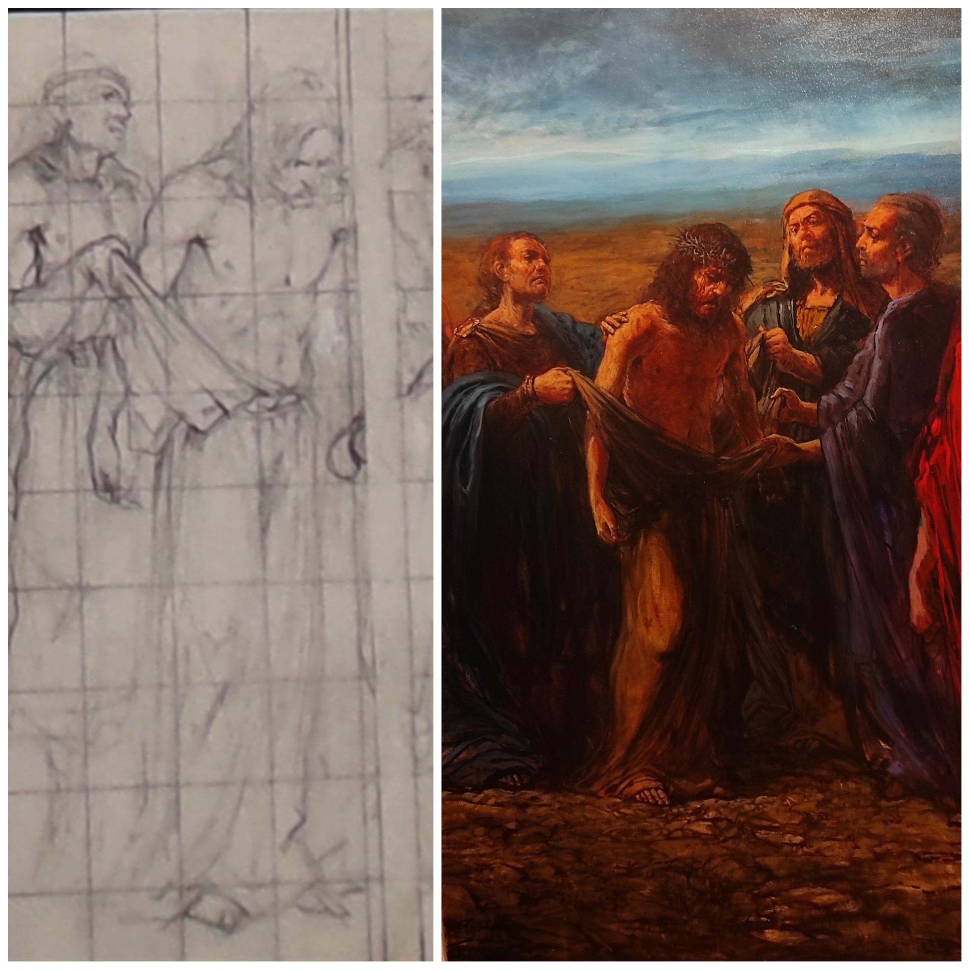 Kolaż złożony z dwóch zdjęć przedstawiających dzieło autora wystawy. Pierwsza fotografia to szkic X stacji: Jezus z szat obnażony, wykonany ołówkiem. Drugie zdjęcie to ta sama stacja ale namalowana  już farbami olejnymi.