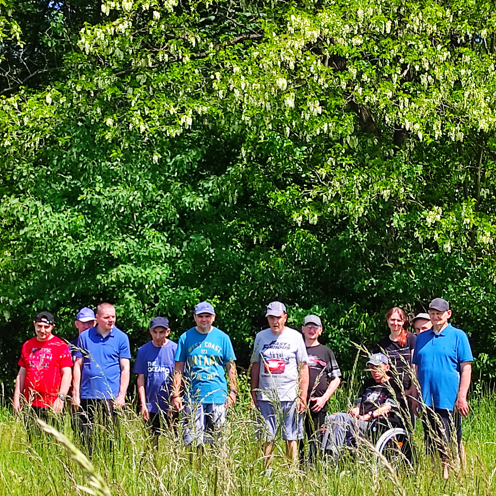 Grupa dziesięciu mieszkańców wraz z terapeutką stoi w wysokiej trawie na tle kwitnącego drzewa akacji. 