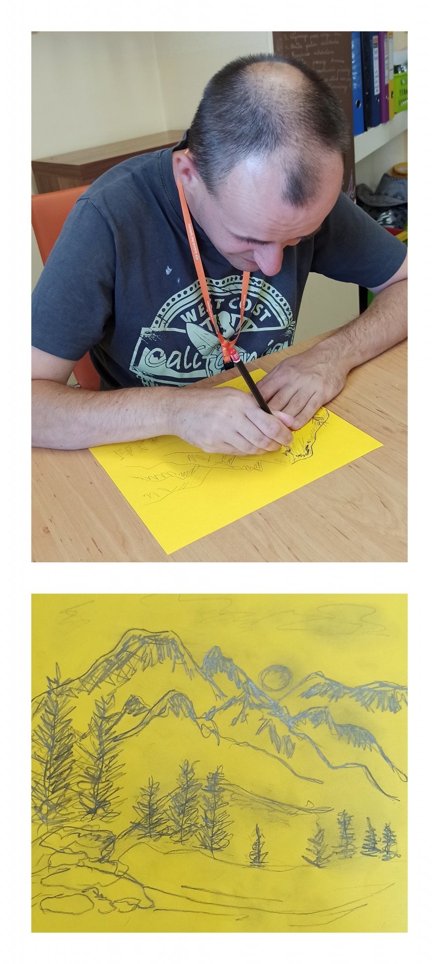 Kolaż z dwóch zdjęć, na pierwszym podopieczny rysuje ołówkiem po śladzie. Drugie zdjęcie przedstawia gotowy krajobraz górski – szkic na żółtym tle.