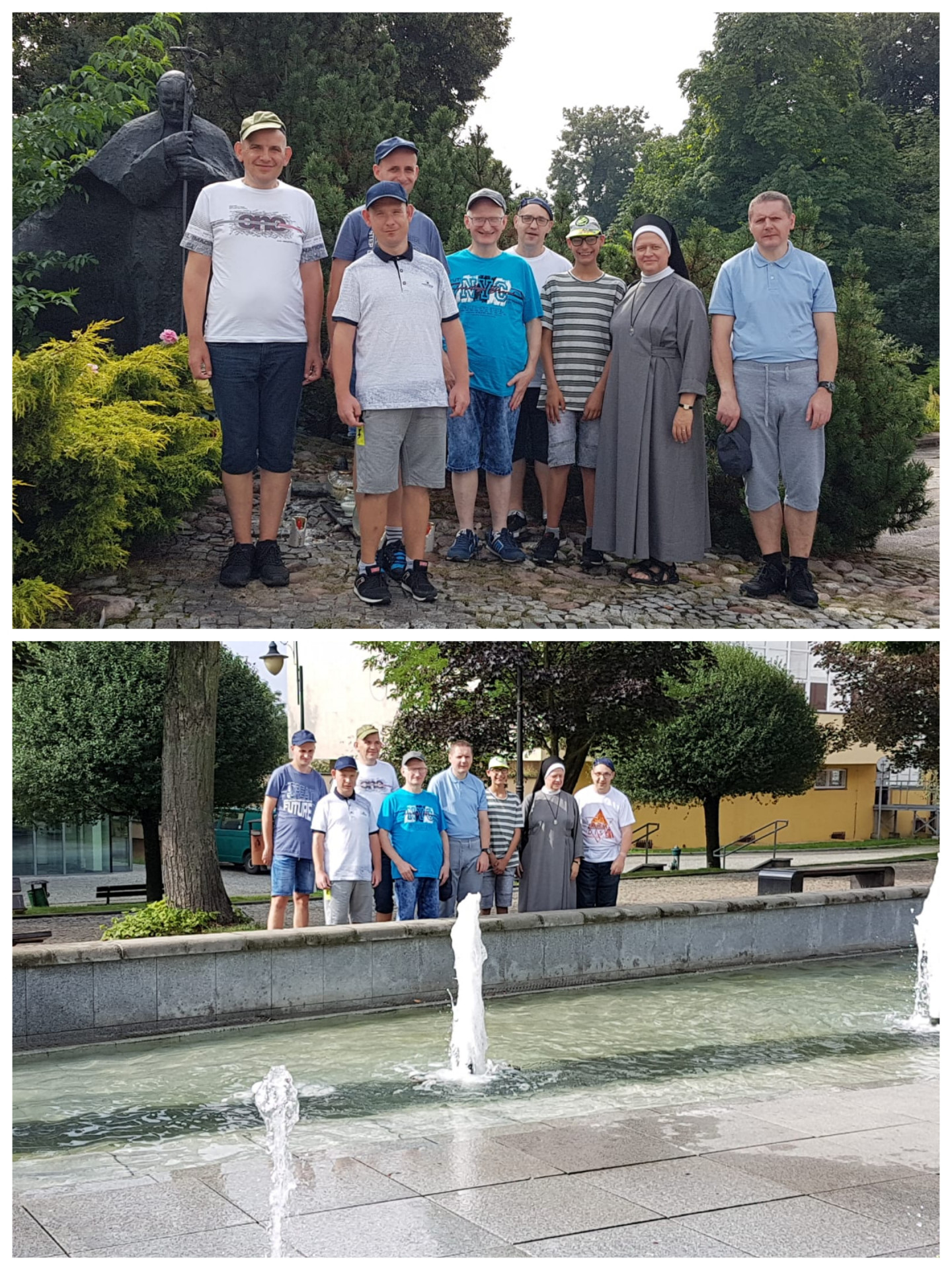 Kolaż z dwóch zdjęć. Na pierwszym grupa mieszkańców i siostra Dąbrówka stoją obok pomnika Jana Pawła II na "Krzywdzie", a na drugim stoją za fontanną.