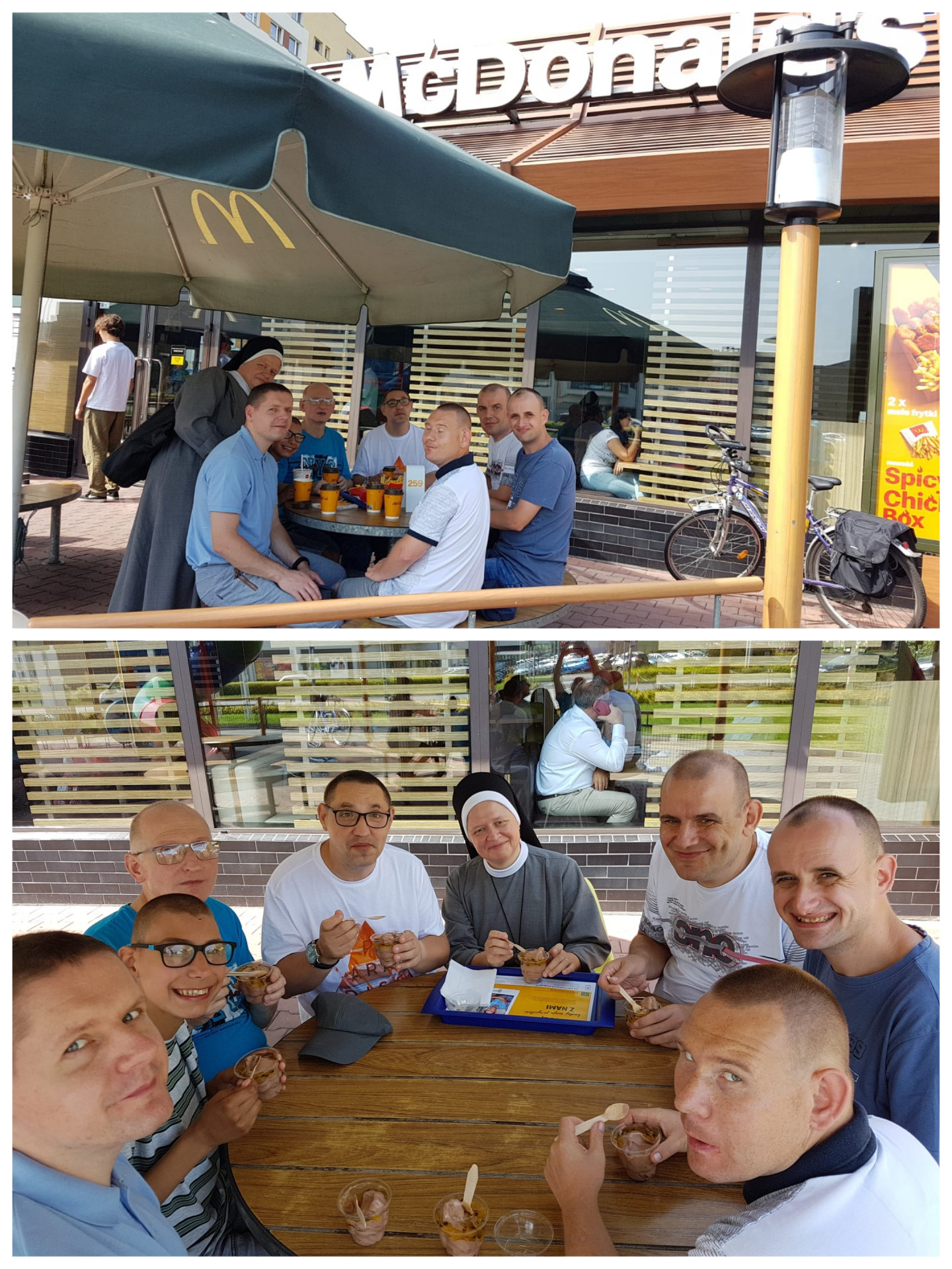 Kolaż z dwóch zdjęć, na których  grupa mieszkańców i siostra Dąbrówka siedzą przy stoliku na świeżym powietrzu w restauracji McDonald’s. 