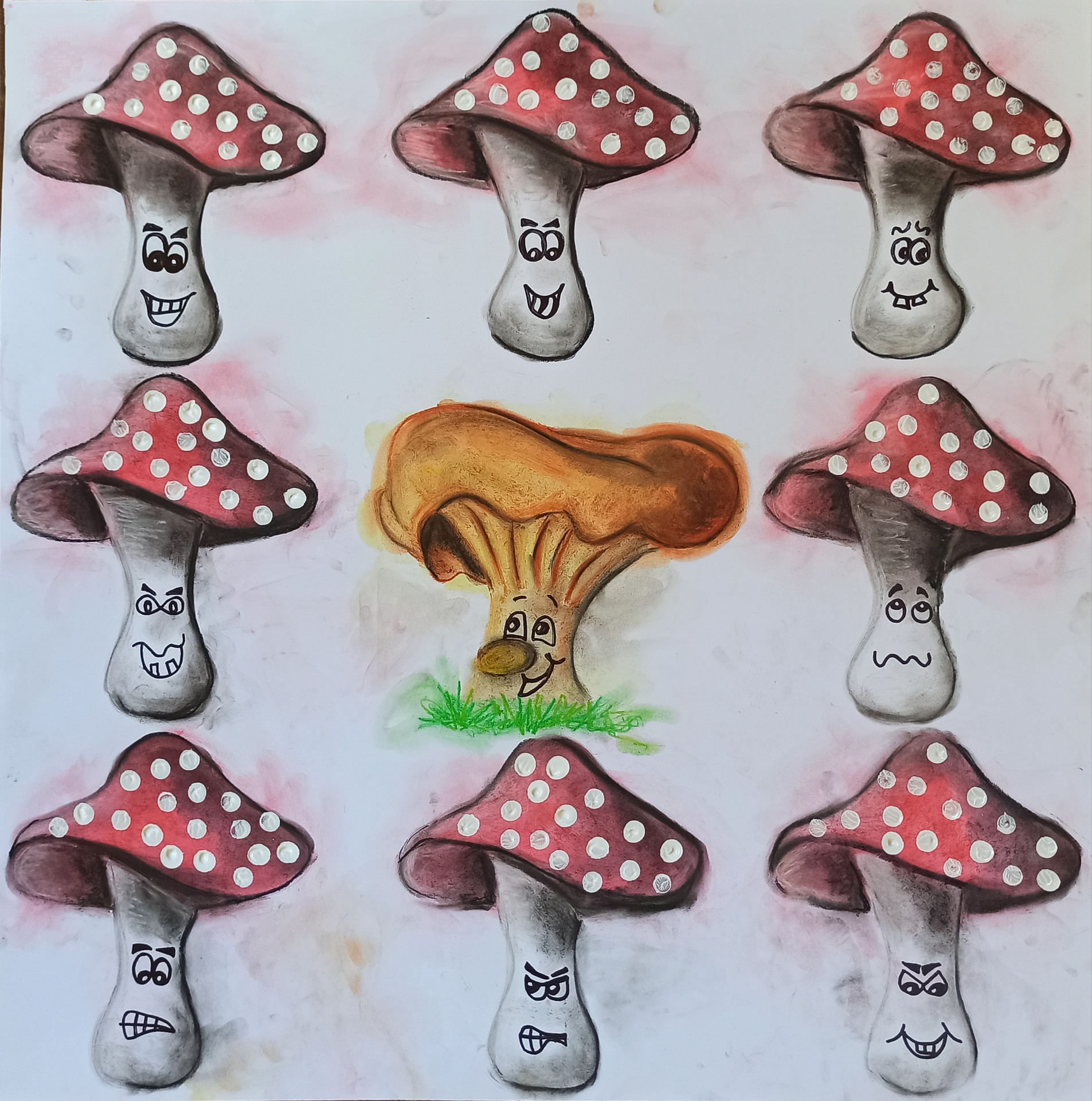 Zdjęcie przedstawia tarczę łuczniczą. W jej centralnej części znajduje się grzyb kurka, a dookoła niego jest osiem muchomorów czerwonych.