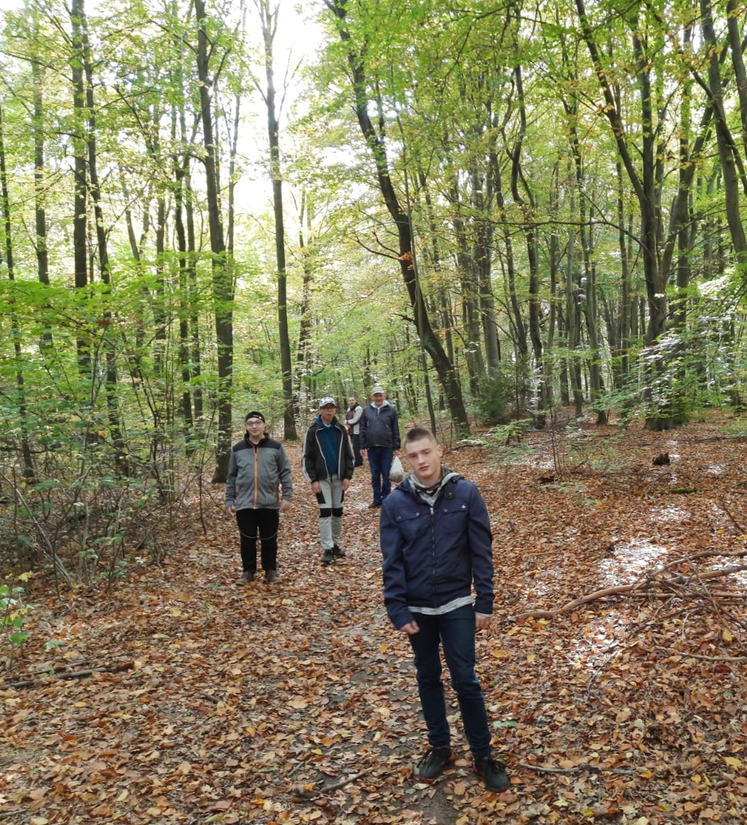 Zdjęcie grupowe ukazujące podopiecznych spacerujących leśną ścieżką pośród zielonych drzew. Ziemia usłana jest brązowymi już opadniętymi listkami.
