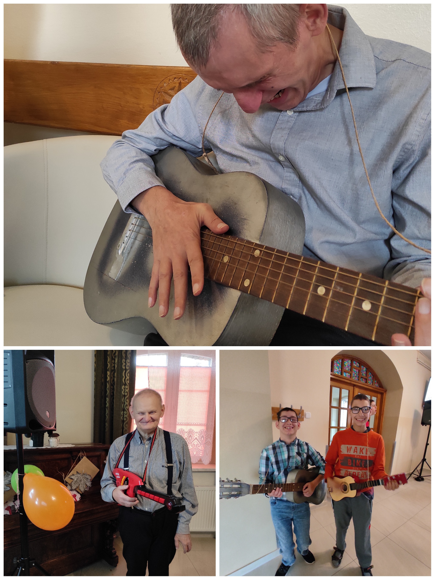 Kolaż z trzech zdjęć, na których mieszkańcy grają na gitarze – zabawce.