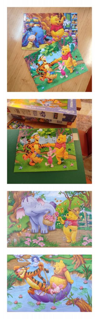 Kolaż z czterech zdjęć, na których widać ułożone przez podopiecznych puzzle z  Kubusiem Puchatkiem i jego przyjaciółmi.