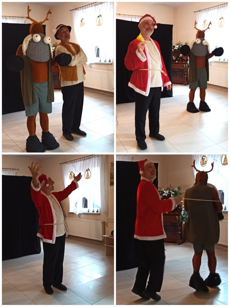 Kolaż z czterech zdjęć. Wykonywane przez aktorów sceny nawiązują do mikołajek. Jeden aktor przebrany jest za Świętego Mikołaja, a drugi za renifera.