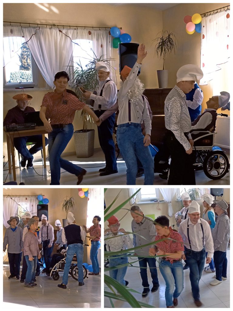Kolaż z trzech zdjęć. Mieszkańcy bawią się i tańczą w towarzystwie terapeutek.